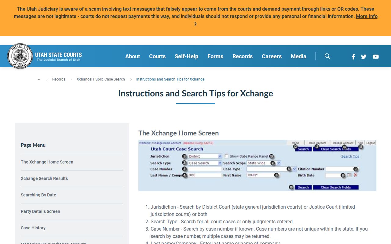 Utah County case lookup search fields in Utah Courts Xchange