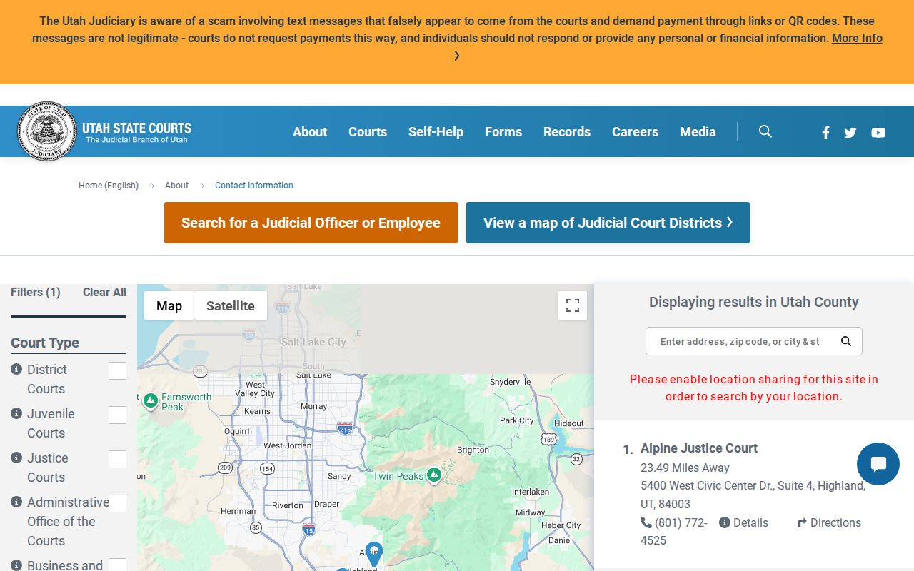 Official Utah Courts directory filtered for Utah County