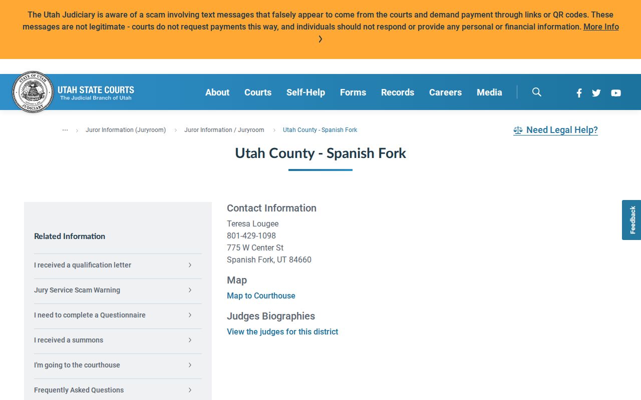 Official contact page for Spanish Fork District Court