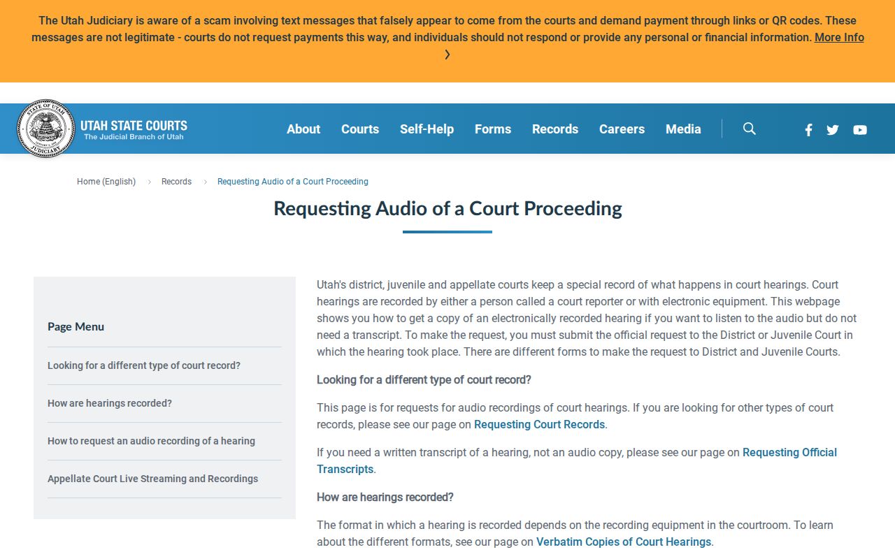 Utah County court record search audio and transcript order instructions