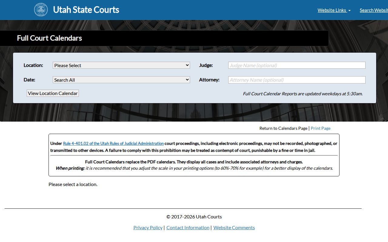 Utah County court dates legacy report search controls