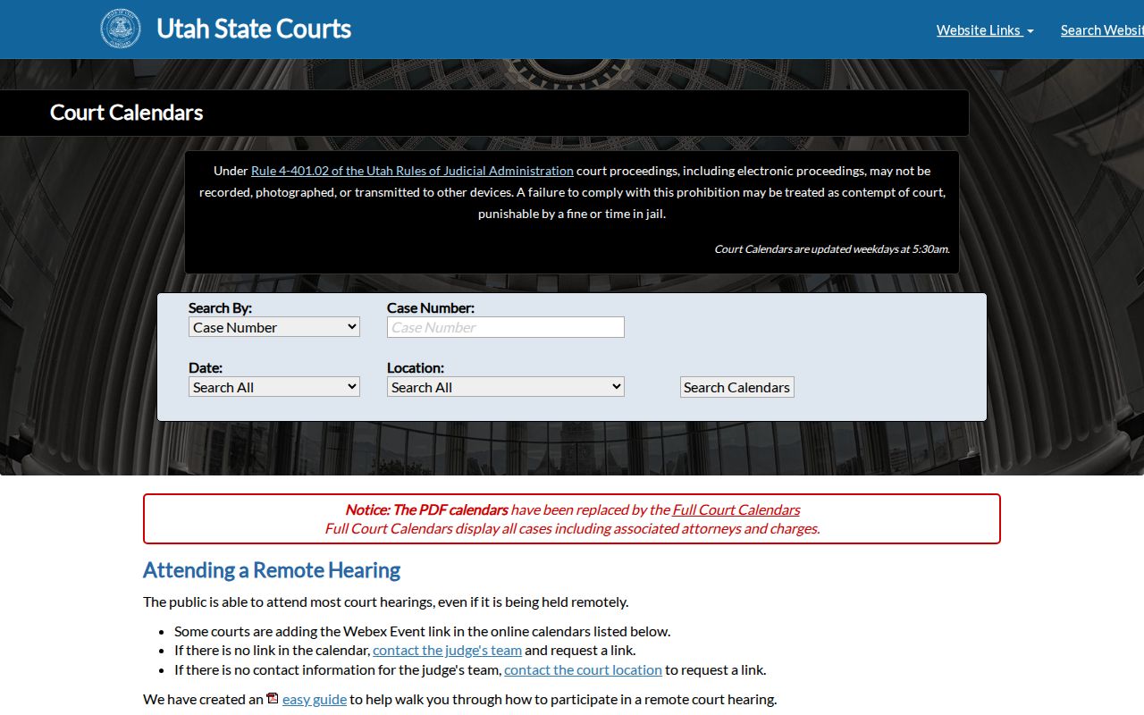 Utah County court dates statewide calendar landing page